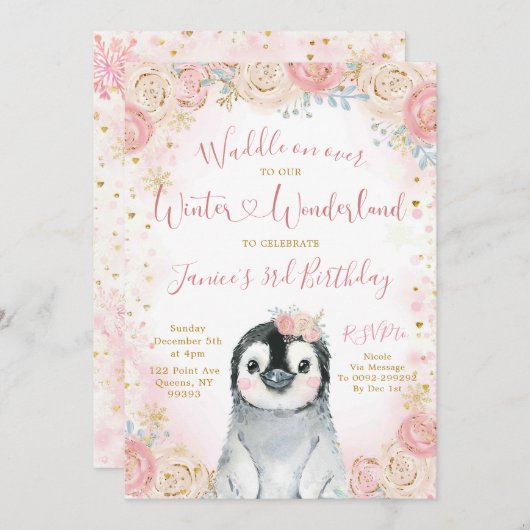 Fille Penguin Hiver Flocon de neige Invitation Ann (Devant / Derrière)