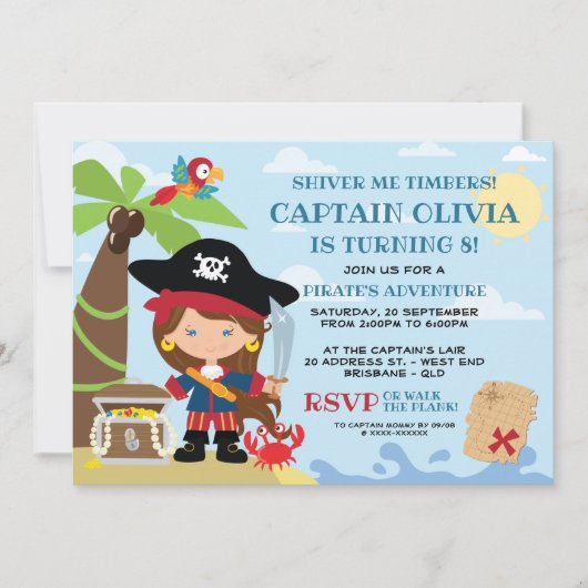 Fille Pirate Fête Invitations Anniversaire (Devant)