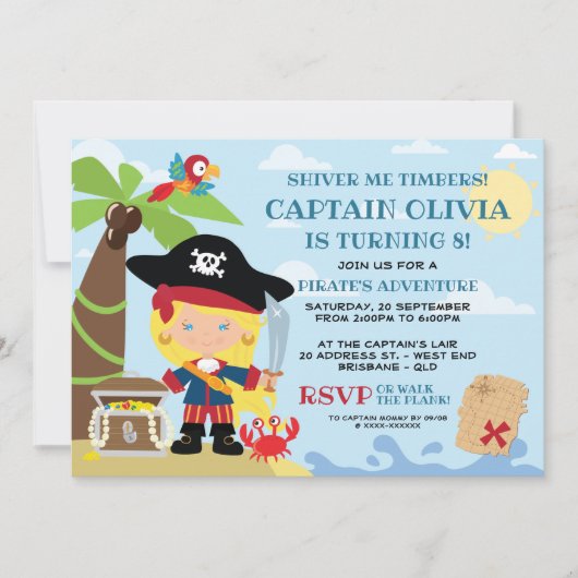 Fille Pirate Fête Invitations Anniversaire (Devant)