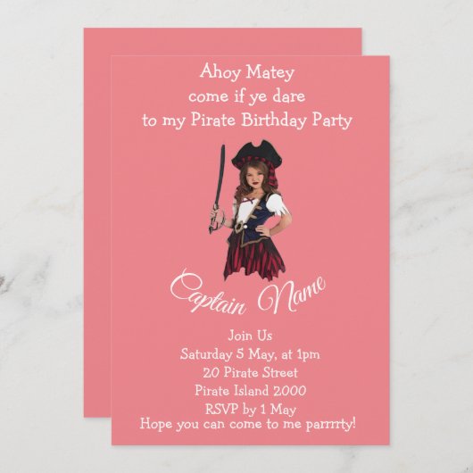 Fille Pirate PINK Thème Invitation (Devant / Derrière)