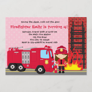 Fille Pompier Invitation Anniversaire Camion pompi