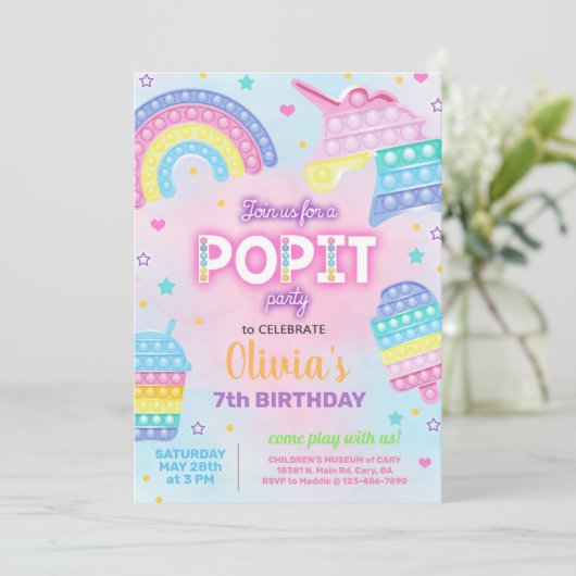 Fille popit invitation fête d'anniversaire. POPIT. (Debout devant)