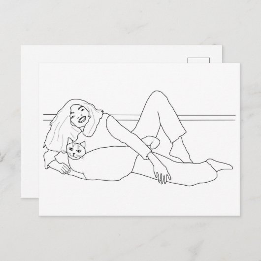 Fille posée par chat, cartes postales colorées (Devant / Derrière)