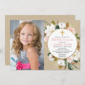 Fille première communion photo invitation rustique (Devant / Derrière)