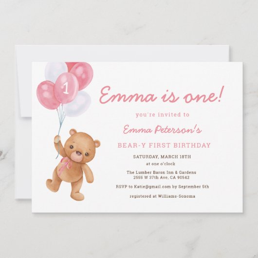 Fille rose Bearly First Birthday Invitation (Devant)
