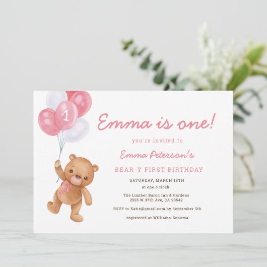 Fille rose Bearly First Birthday Invitation (Debout devant)