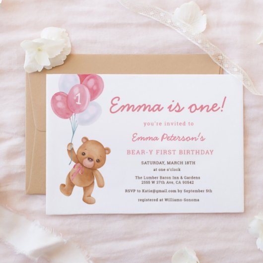 Fille rose Bearly First Birthday Invitation