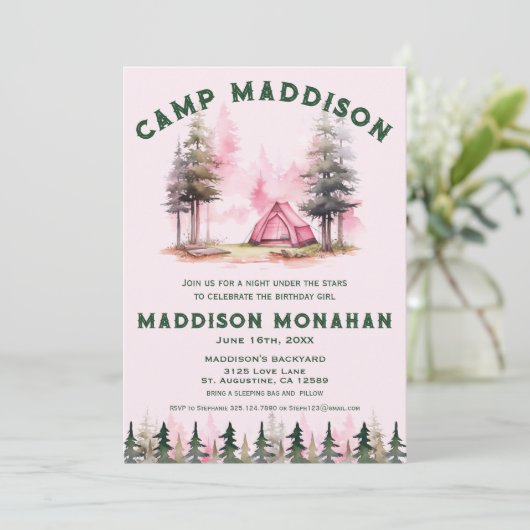 Fille Rose Camping Invitation Anniversaire (Debout devant)