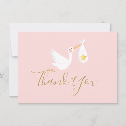 Fille Rose Cigogne Étoile Dorée Script Merci (Devant)