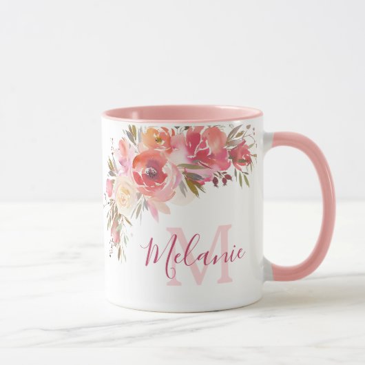 Fille rose et corail Roses nom Monogram Mug (Droite)