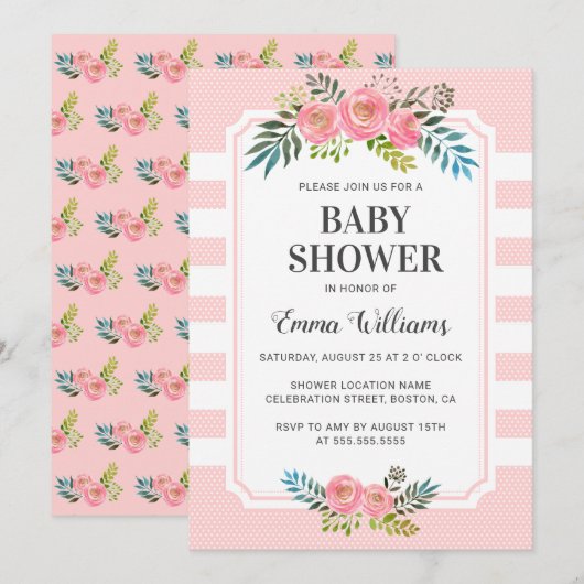 Fille rose Floral Baby Shower Invitations (Devant / Derrière)