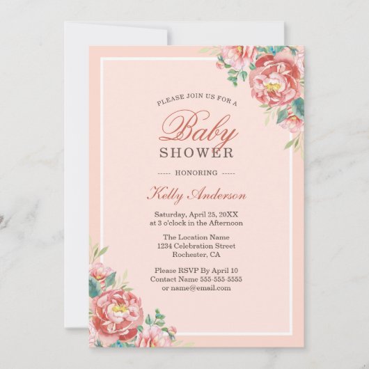 Fille rose Floral Baby Shower Invitations (Devant)