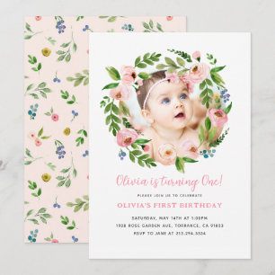 Fille rose florale 1er anniversaire Invitations