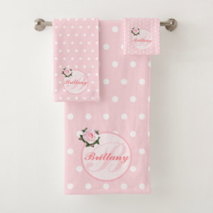 Fille rose Polka Dot Fleur Monogramme Serviette de