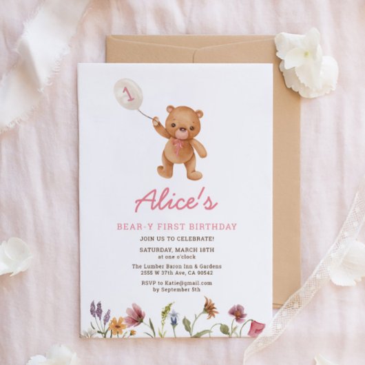 Fille rose Teddy Ours Première Invitation Annivers