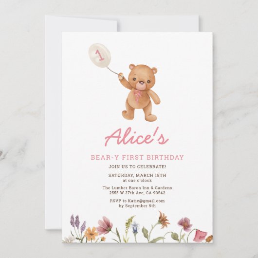 Fille rose Teddy Ours Première Invitation Annivers (Devant)