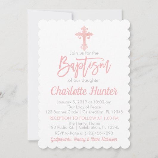 Fille Simple Élégance Pink Baptism Invitation (Devant)