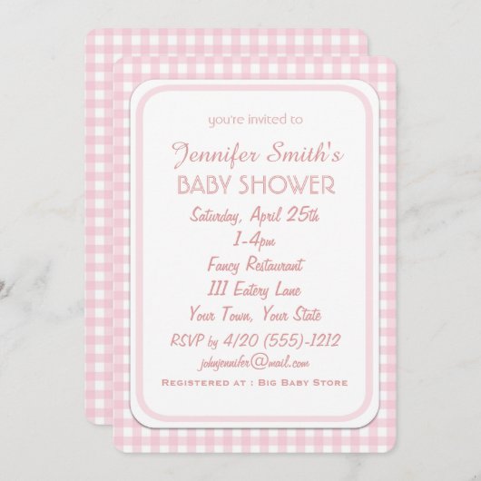 Fille simple rose chèque bébé douche Invitations (Devant / Derrière)