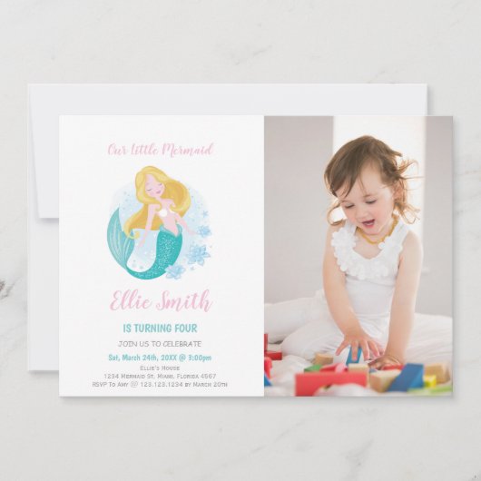 Fille Sirène Invitation d'anniversaire avec photo (Devant)