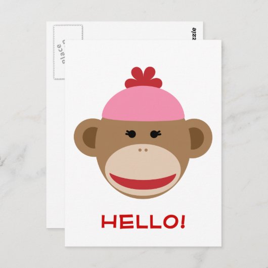 fille sock singe bonjour carte postale (Devant / Derrière)