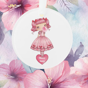 Fille soufflant une bulle de chewing-gum rose, Ann