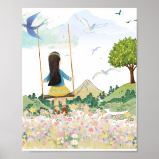 Fille sur balançoire décoration murale esthétique