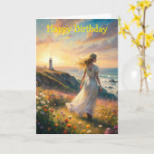 Fille sur une falaise carte d'anniversaire (Fleur jaune)