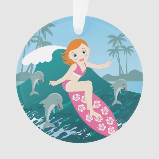 Fille surf grande vague avec dauphins (devant)