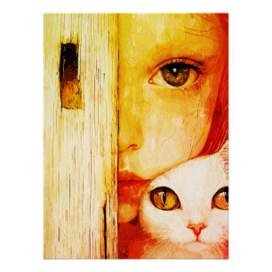 Fille surréaliste et chat - Art mural - Yeux verts