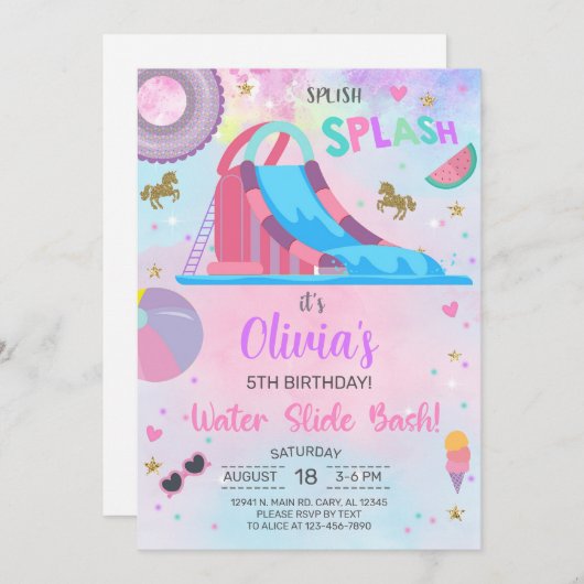 Fille toboggan d'été invitation d'anniversaire inv (Devant / Derrière)