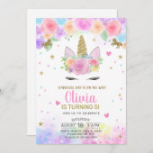Fille Unicorne aquarelle et invitation d'anniversa (Devant / Derrière)