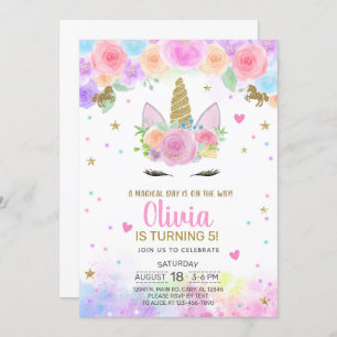 Fille Unicorne aquarelle et invitation d'anniversa