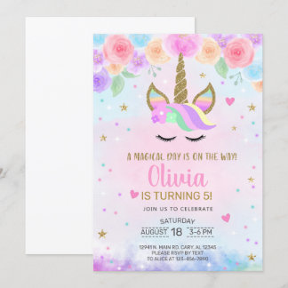 Fille Unicorne aquarelle et invitation d'anniversa