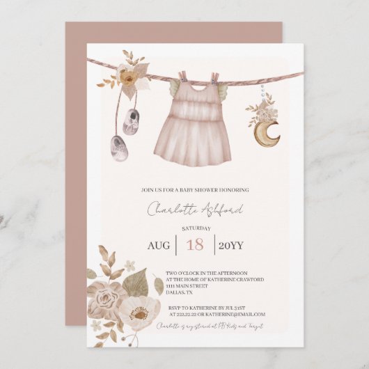 Fille Vêtements bébé Boho Baby shower Invitation (Devant / Derrière)