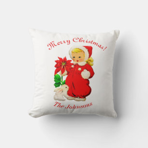 Fille Vintage Avec Oreiller De Noël Lapin Rétro