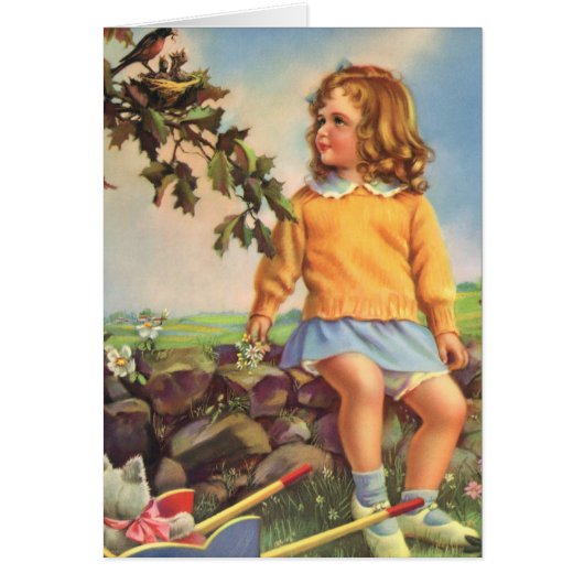 Fille Vintage regardant des oiseaux dans un arbre, (Devant)