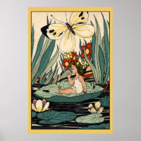 Fille vintage sur fleurs de nénuphar, affiche papi