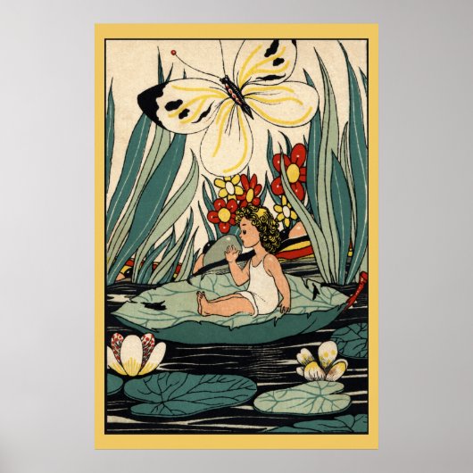 Fille vintage sur fleurs de nénuphar, affiche papi (Devant)