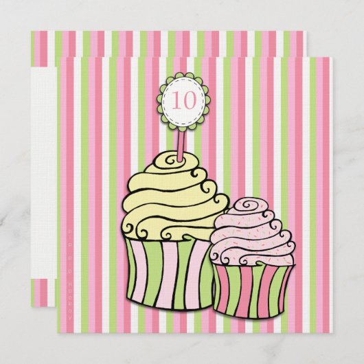 Filles 10e anniversaire Cupcake Invitation de la f (Devant / Derrière)