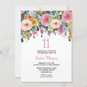 Filles 11e anniversaire Invitation Fleurs roses