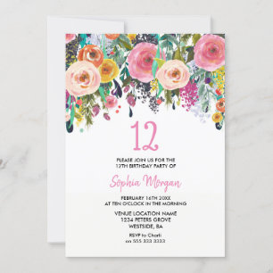 Filles 12e anniversaire Invitation Fleurs roses