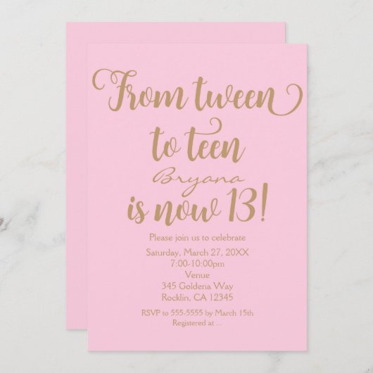 Filles 13e anniversaire fêtes Invitations rose et  (Devant / Derrière)