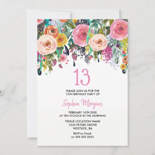 Filles 13e anniversaire Invitation Fleurs roses (Devant)