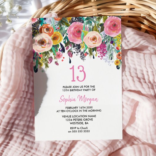 Filles 13e anniversaire Invitation Fleurs roses