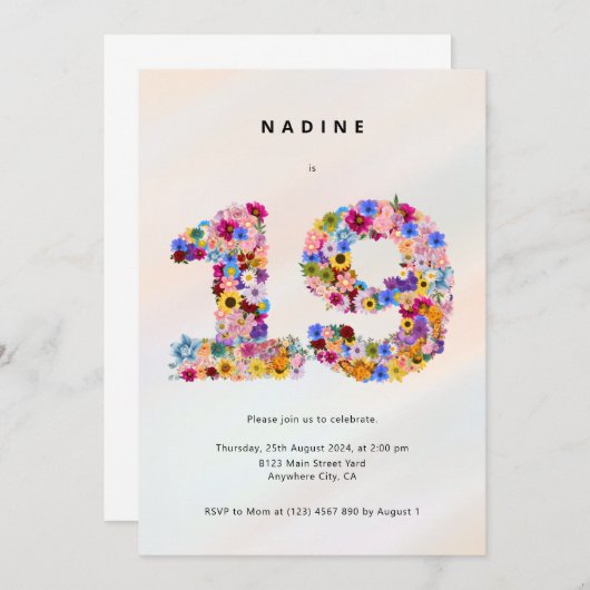 Filles 19e anniversaire Invitation Dix-neuf fêtes (Devant / Derrière)