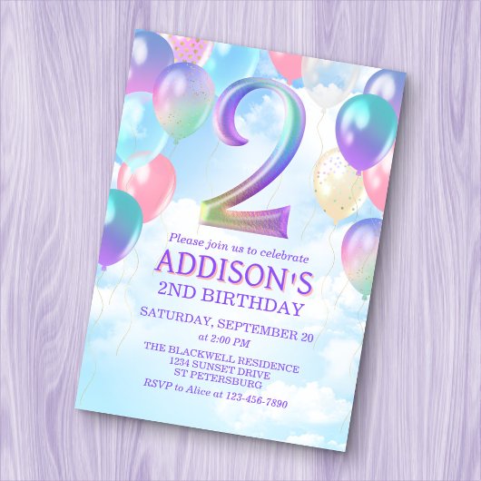 Filles 2e anniversaire Rainbow Balloons Invitation