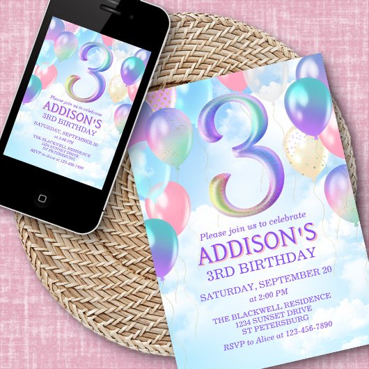 Filles 3e anniversaire Rainbow Balloons Invitation