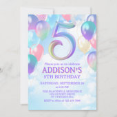 Filles 5e anniversaire Rainbow Balloons Invitation (Devant)