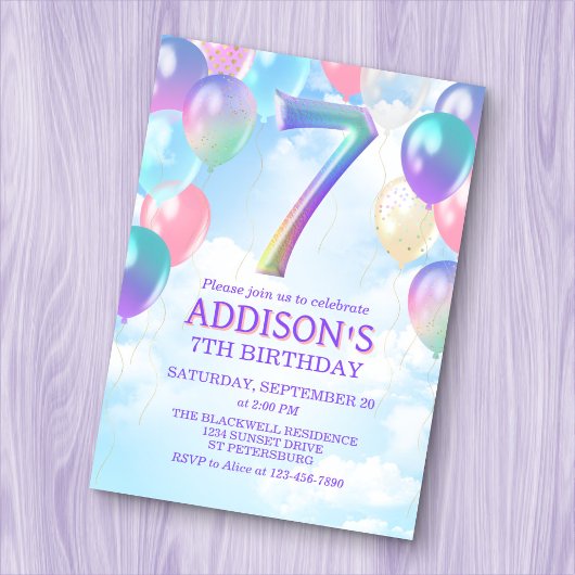 Filles 7e anniversaire Rainbow Balloons Invitation
