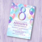 Filles 8e anniversaire Rainbow Balloons Invitation